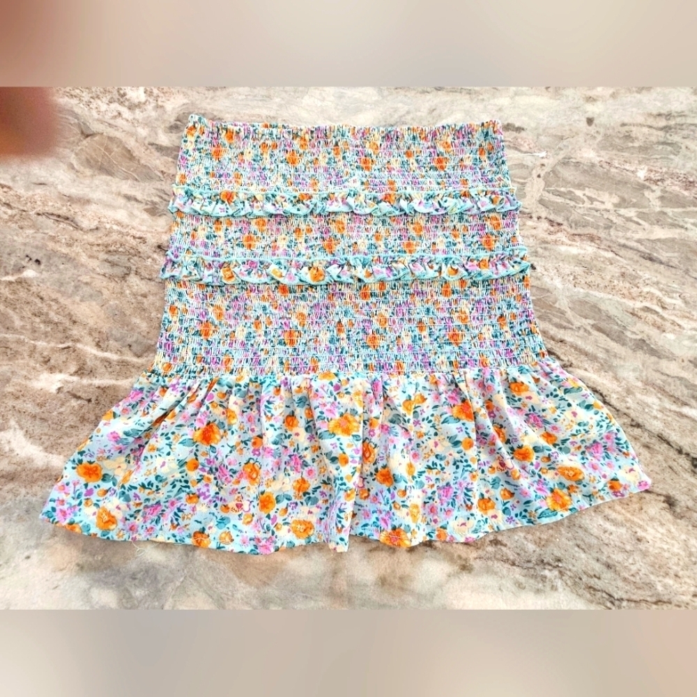 LUSH Floral Smocked Ruffle Strapless Top Blue Multicolor Size L